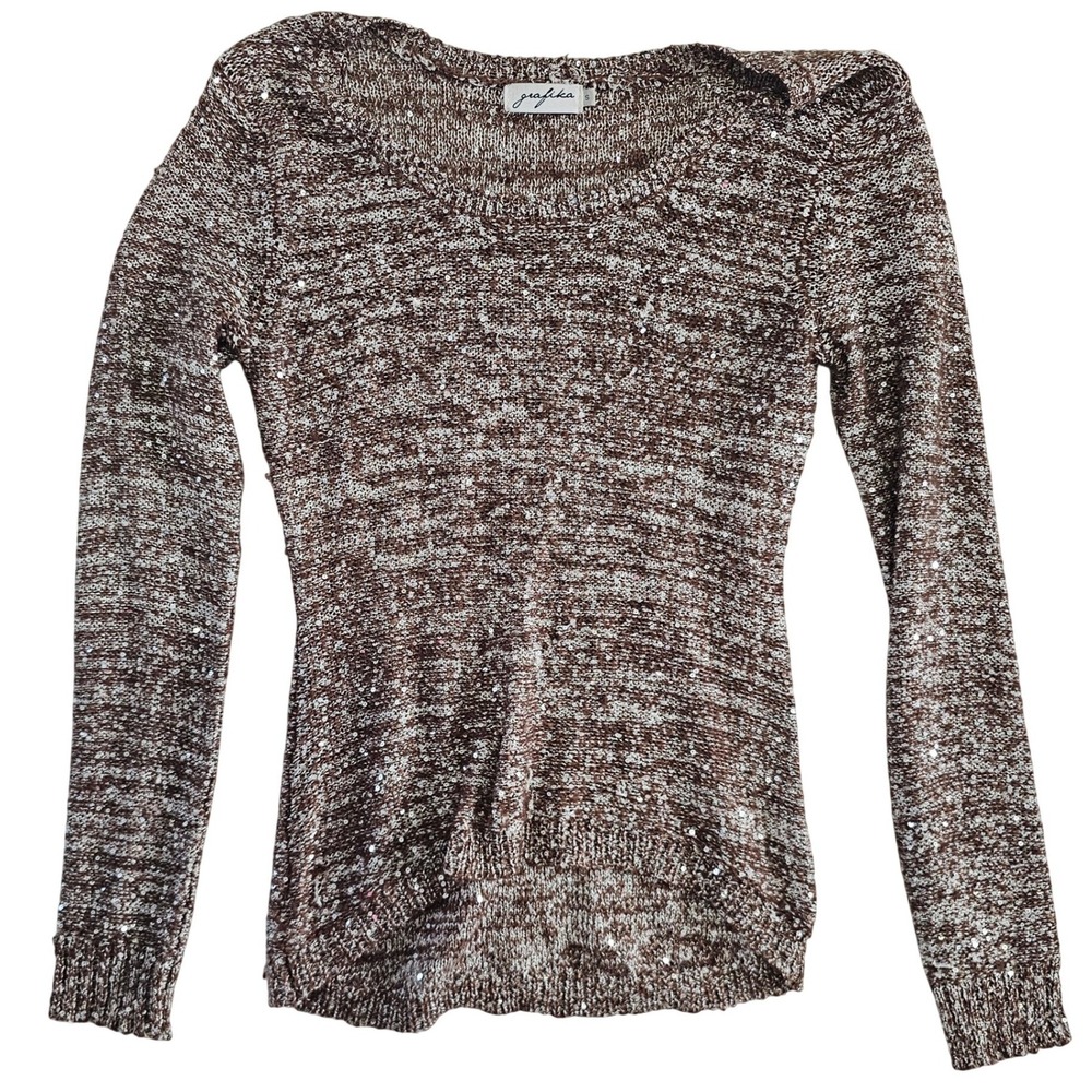 Grafika Brown‎ White Marled Sequin Long Sleeve High Low Sweater Small